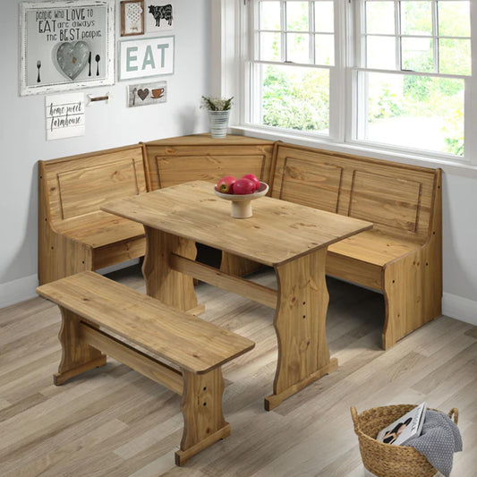 Furniture Dash Solid Wood Corner Dining Set 64.8" W x 19.9" D x 33.4" H- Farmhouse Table and Bench Set, Farmhouse Furniture for Dining Room - Corona Collection - WoodArtSupply