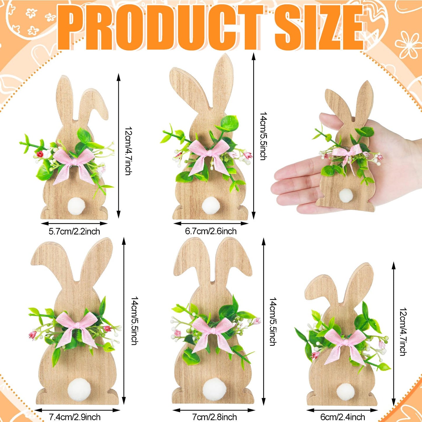 GlikCeil 5 Pcs Easter Bunny Wood Decor Easter Bunny Signs Wooden Easter Decorations Spring Rustic Wood Centerpieces Farmhouse Tabletop Wooden Rabbit Statue with Flower and Bow for Home Easter Gifts