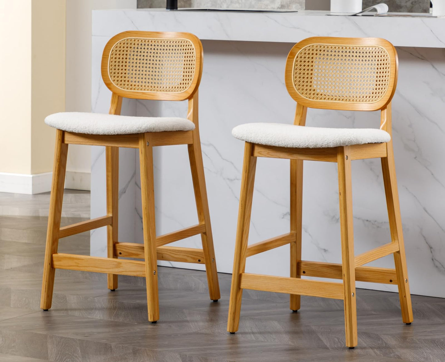 EALSON Counter Height Bar Stools Set of 2 Rattan Back Farmhouse Barstools Mid Century Modern Wood Bar Chairs Comfortable Sherpa Upholstered Kitchen Island Chairs for Pub/Breakfast Bar, Beige