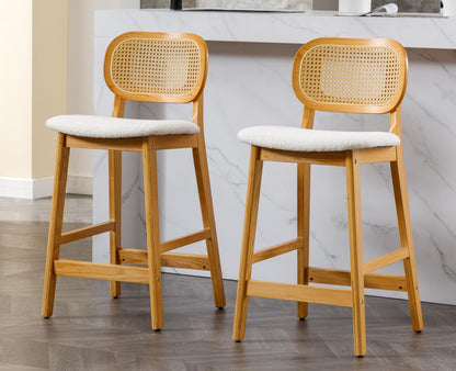 EALSON Counter Height Bar Stools Set of 2 Rattan Back Farmhouse Barstools Mid Century Modern Wood Bar Chairs Comfortable Sherpa Upholstered Kitchen Island Chairs for Pub/Breakfast Bar, Beige