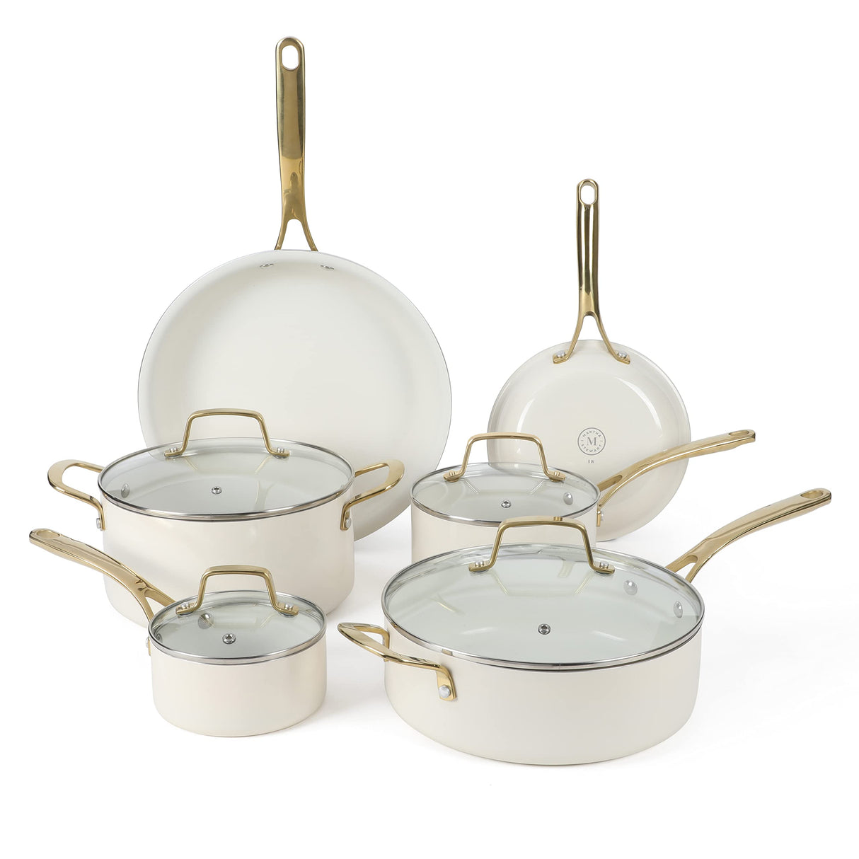 Martha Stewart Lockton Premium Nonstick PFA Free Ceramic Interior 10 Piece Heavy Gauge Enamel Aluminum Pots and Pans Cookware Set - Linen White w/Gold Handle Martha Stewart