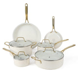 Martha Stewart Lockton Premium Nonstick PFA Free Ceramic Interior 10 Piece Heavy Gauge Enamel Aluminum Pots and Pans Cookware Set - Linen White w/Gold Handle Martha Stewart