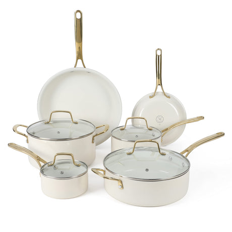 Martha Stewart Lockton Premium Nonstick PFA Free Ceramic Interior 10 Piece Heavy Gauge Enamel Aluminum Pots and Pans Cookware Set - Linen White w/Gold Handle Martha Stewart