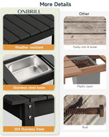 ONBRILL HDPS Outdoor Potting Bench with Sliding Tabletop/ 4 Wheels/Removable Sink, All-Weather Outside Garden Work Table, No Rust/Fade/Break, Potting Station for Porch, Patio & Backyard (Black) ONBRILL
