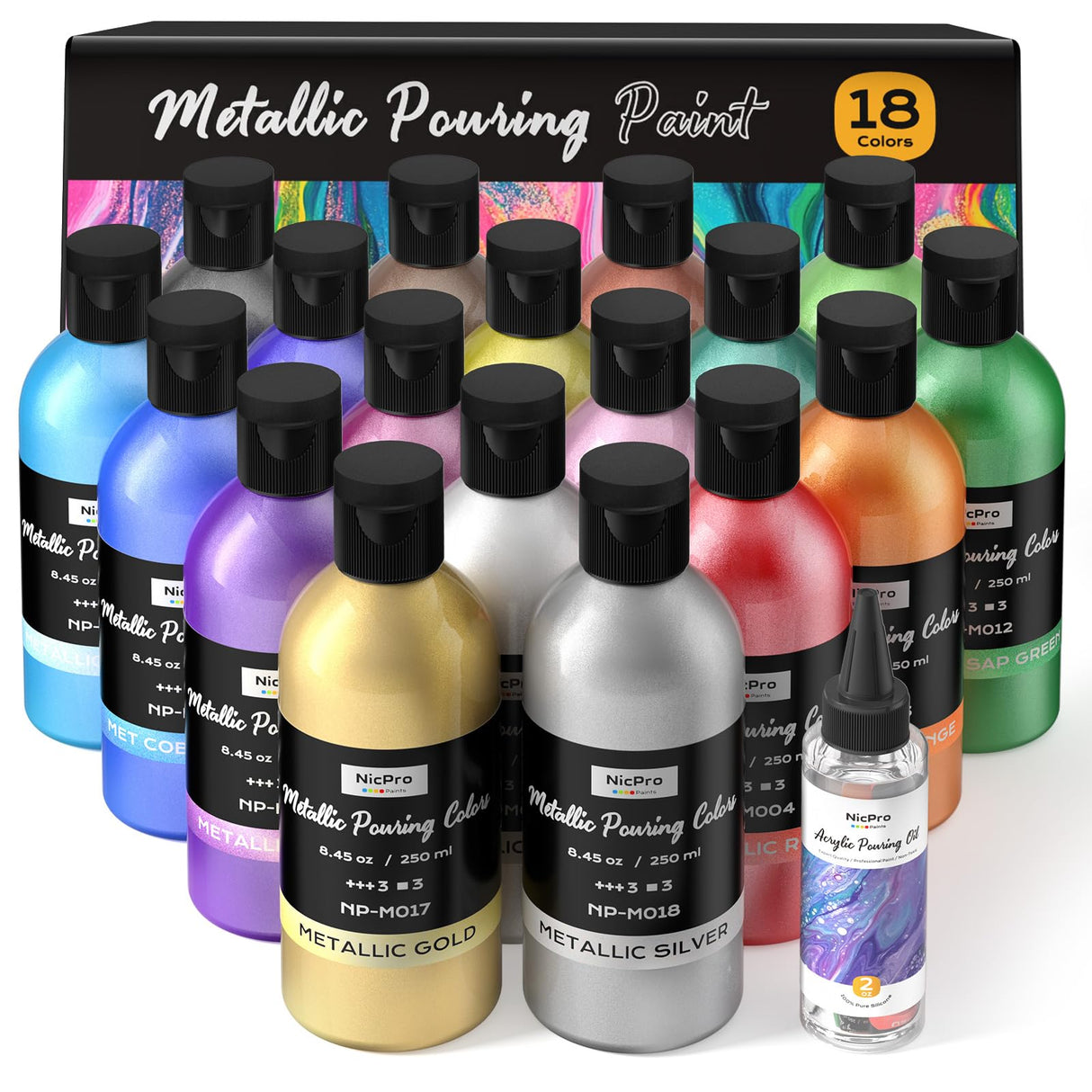 Nicpro 18 Colors 8.45oz Metallic Acrylic Pour Paint Supplies Kit, Large Volume Ready to Pour Premixed High Flow Pouring Paint Set with Silicone Pouring Oil, Gloves, Instructions for Beginner DIY Nicpro