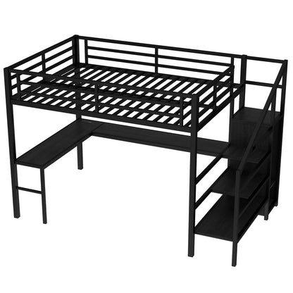 Queen Size Metal Loft Bed with Desk and Stairs for Adults,Heavy Duty Loft Bed Frame with Wardrobe,LED Loft Bed Queen with Charging Station, Space Saving Loft Bed Queen Size for Kids,Black