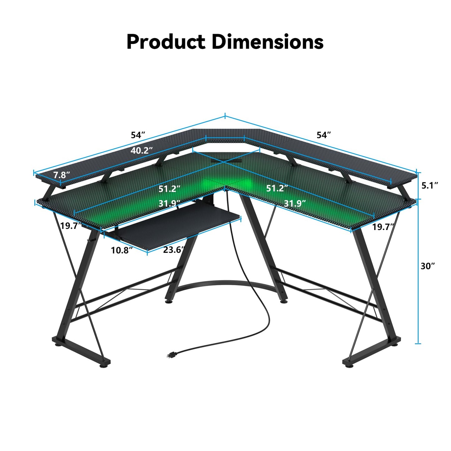 ACEMO L Shaped Gaming Desk with LED Lights and Power Outlet, Computer Desk with Monitor Stand, Untimate Corner Desk with Hooks and Keyboard Tray, Carbon Fiber, Black