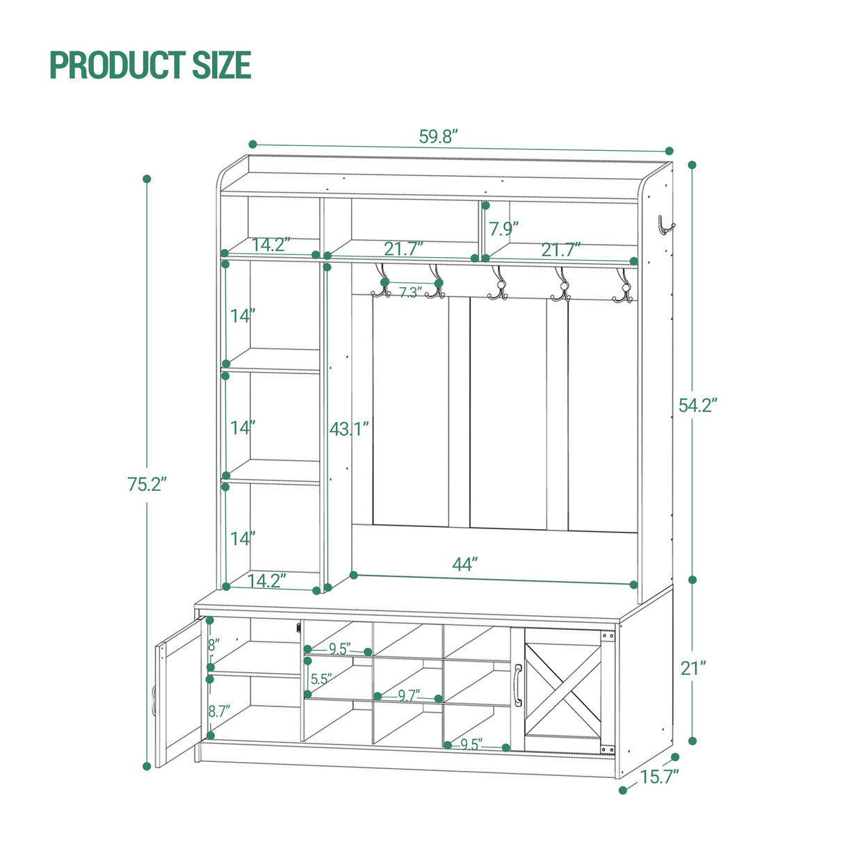 Hzuaneri 59.8" Hall Tree, LED Farmhouse Entryway Storage and Coat Rack Wood, Entryway Furniture with 7 Hooks, Hall Tree with Bench and Storage, 6 Storages Partitions Shoe Bench, Rustic White HT24814B Hzuaneri