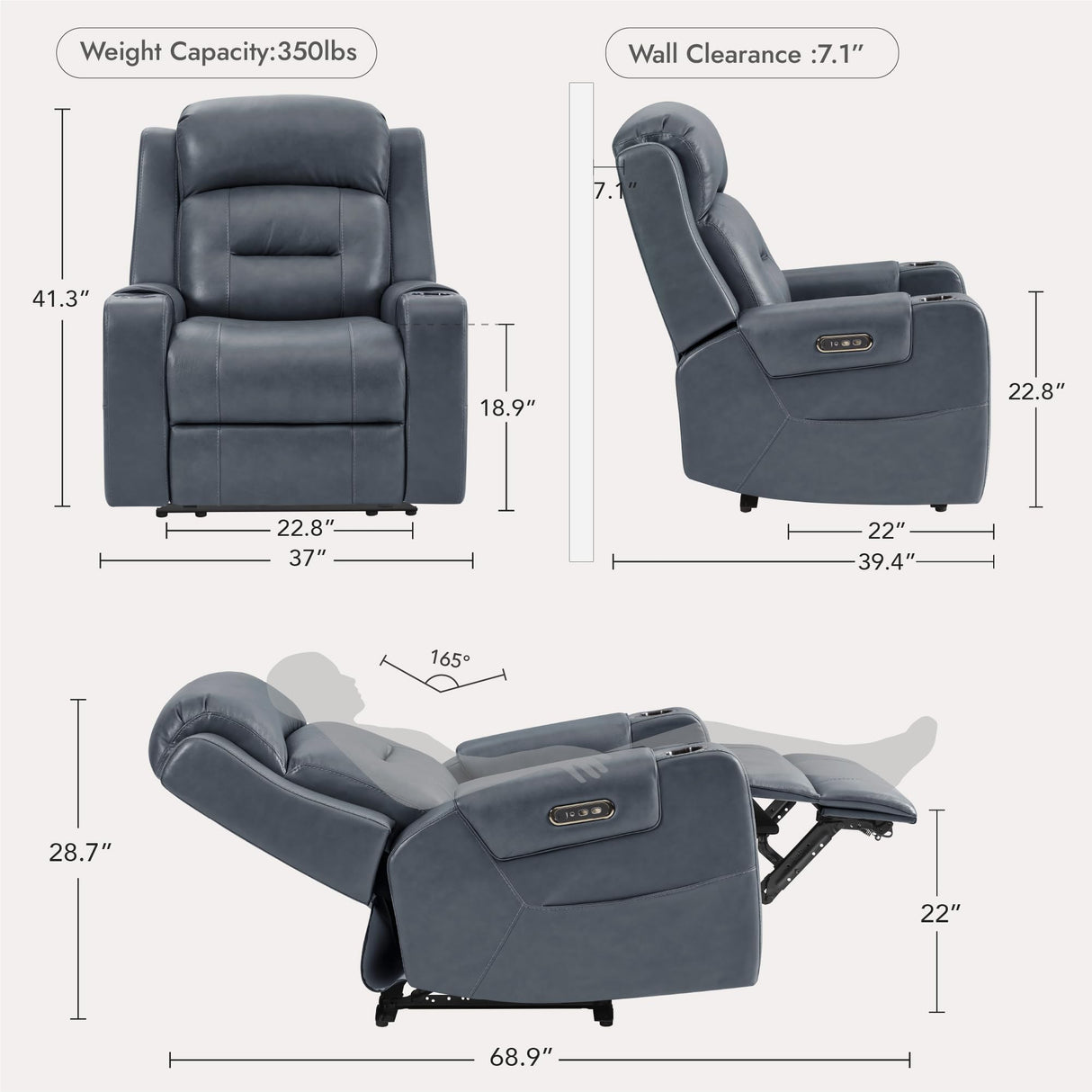 Watson & Whitely Genuine Leather Power Recliner Chairs for Adults, Lay Flat Recliner with Power Headrest, USB Ports and Cup Holders, Electric Reclining Sofa for Living Room, Bedroom, Navy Watson & Whitely