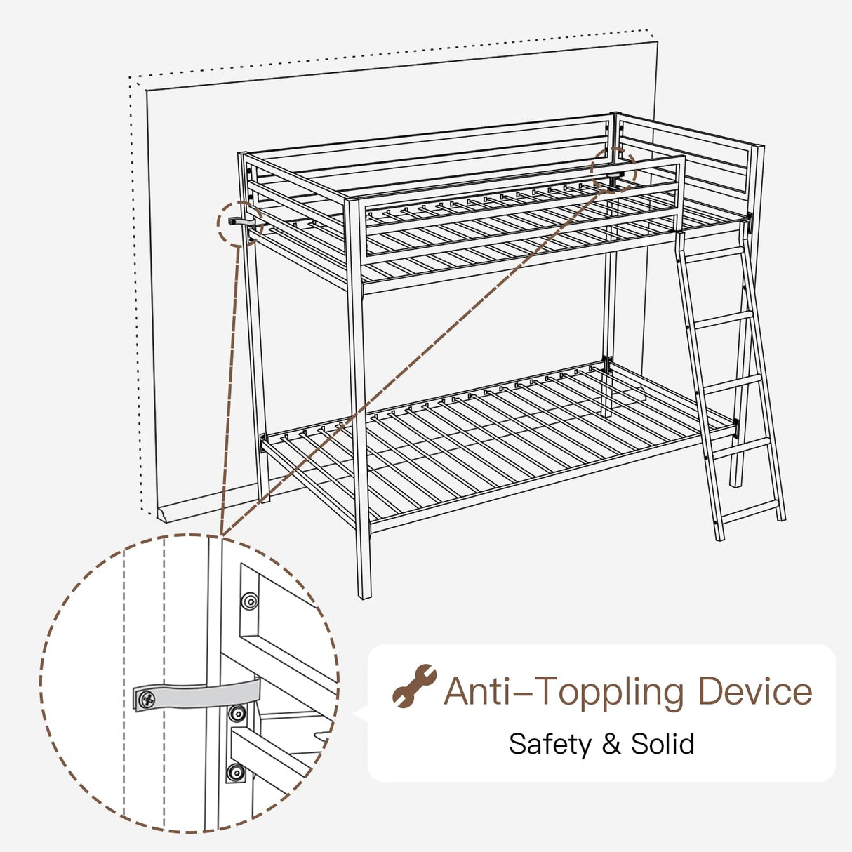 Heavy Duty ikalido Twin Over Twin Metal Bunk Bed with Safety Guard Rail and Ladder in Matte White ikalido