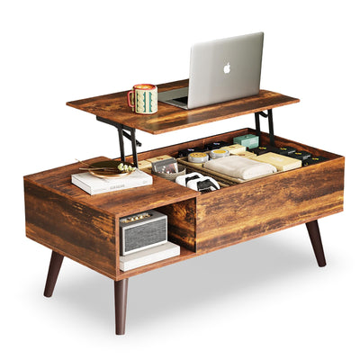 WLIVE Coffee Table for Living Room, Lift Top Coffee Table with Storage, Small Rising Wooden Dining Center Table with Storage Shelf & Hidden Compartment, 39" Rustic Brown