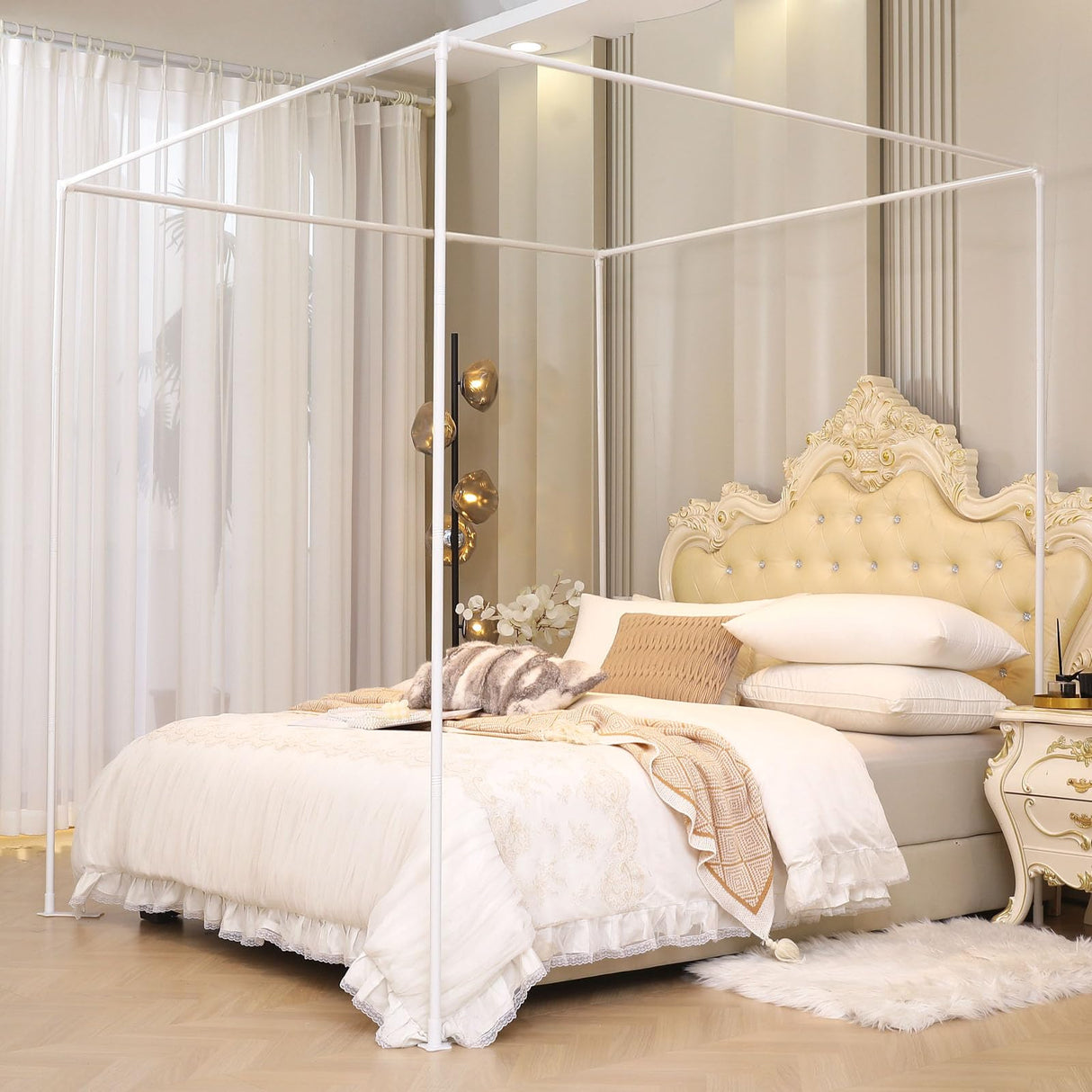 AIKASY Canopy Bed Frame Post - Twin Size, Thickened Metal Frame, Four Corner Brackets (White) AIKASY