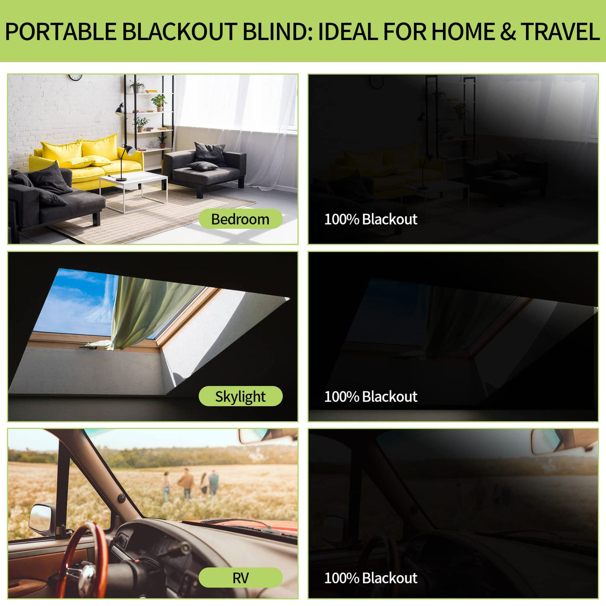 Blackout Blind Curtains, Portable 100% Blackout Shades, 78" x 59" Black Out Blinds for Window, TemporaryWindow Cover with Hook and Loop Tape for Travel Bedroom Nursery Cars RUGLAMZHIP