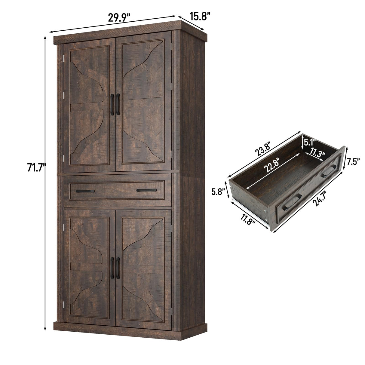 71" Tall Kitchen Pantry Cabinet with Doors and Drawer, Farmhouse Storage Cabinet with Adjustable Shelves, Rustic Wood Cupboard for Kitchen, Dining Room, Living Room, Brown chartustriable