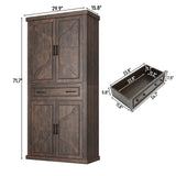 71" Tall Kitchen Pantry Cabinet with Doors and Drawer, Farmhouse Storage Cabinet with Adjustable Shelves, Rustic Wood Cupboard for Kitchen, Dining Room, Living Room, Brown chartustriable