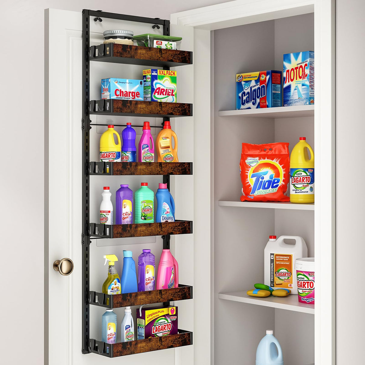 bukfen Over the Door Pantry Organizer, 6-Tier Adjustable Wooden Basket Kitchen Pantry Door Organization and Storage, Heavy-Duty Metal Hanging Kitchen Spice Rack,D6.3 x W17.71 x H50.60 inch,1 Pack bukfen