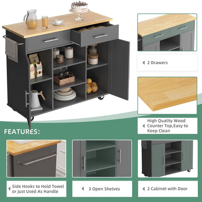 Shintenchi Kitchen Island with Storage, Kitchen Island Cart on Wheels with 3 Open Shelves, 2 Drawers and 2 Cabinets, Rolling Kitchen Table with Large Countertop, Gray