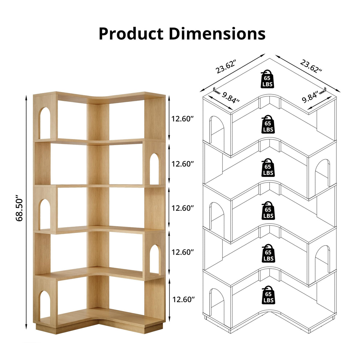 LIKEMET 6 Tier Corner Bookshelf, Tall L Shaped Bookcase, 68.5 Inches Wooden Corner Bookshelves with Arched Design, Freestanding Roomy Display Shelf Stand for Home Office LIKEMET