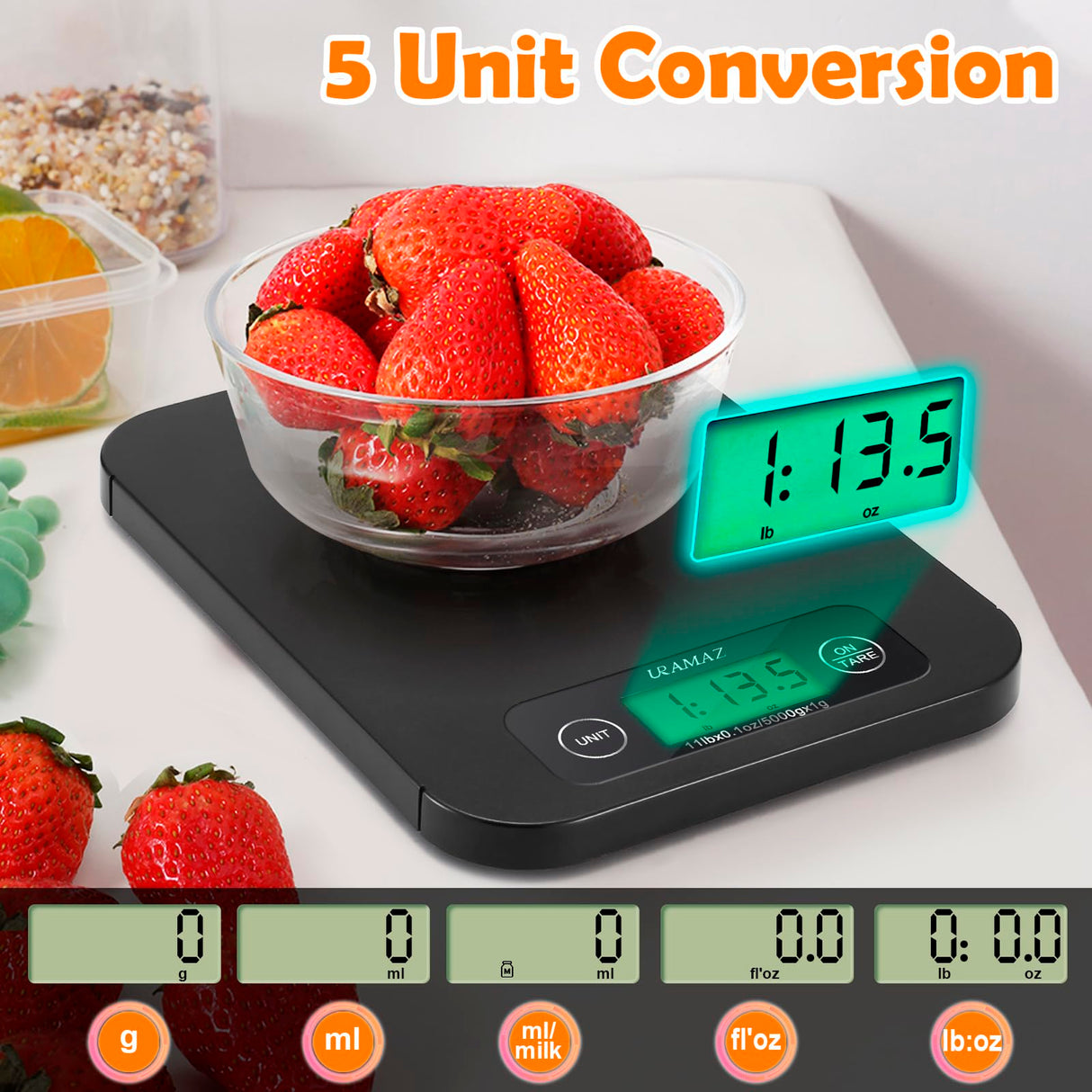 URAMAZ Smart Digital Food Scale for Weight Loss, Kitchen Food Scale Grams and Ounces with Nutritional Calculator, Food Weight Scale for Diet, Keto, Macro, Calorie, Cooking, Meal Prep 0.1oz/11lb URAMAZ