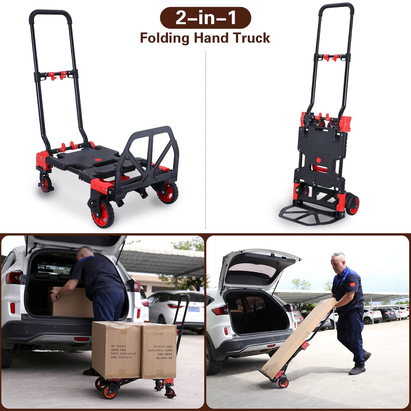 2-in-1 Folding Hand Truck Dolly 330LB Load Carrying,Hand Truck Foldable Dolly with Retractable Handle and 4 Rubber Wheels,Portable Folding Hand Cart for Luggage/Travel/Office