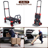 2-in-1 Folding Hand Truck Dolly 330LB Load Carrying,Hand Truck Foldable Dolly with Retractable Handle and 4 Rubber Wheels,Portable Folding Hand Cart for Luggage/Travel/Office JJSMKCH