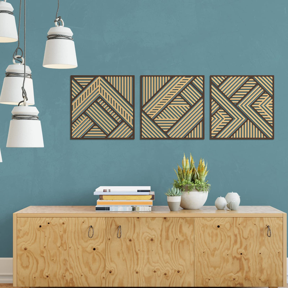 Tatuo 3 Pcs Geometric Wood Wall Art, Modern Slatted Wood Design Wall Decor, Hanging Abstract Panels Wall Decor with 3D Hollow Craft Art for Home Office Kitchen Living Room Bathroom (Simple Geometry) Tatuo