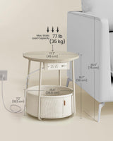 VASAGLE Side Table with Charging Station, Round End Table, Nightstand with Power Outlets, USB Ports, Fabric Basket, Living Room, Bedroom, Modern, Cream White ULET228N01 VASAGLE