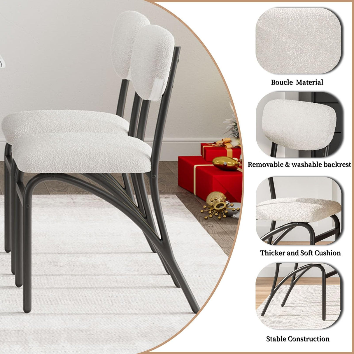 GarveeHome 5-Piece Dining Table Set for 4, Modern Kitchen Table with 4 Boucle Chairs, Rectangular Dining Table with Storage Shelf & Marble Tabletop, Beige Home Dining Furniture for Small Space GarveeHome