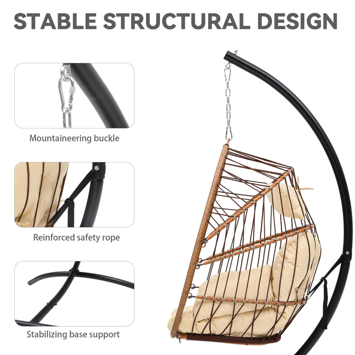 YITAHOME Hanging Egg Chair, Outdoor Patio Wicker Hammock Egg Chair Indoor with Cushion, Rattan Swing Chair 350lbs for Balcony, Garden Bedroom, Beige with Stand YITAHOME