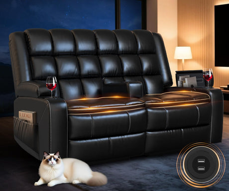 Loveseat Recliner Sofa, RV Wall Hugger Recliners with Insert Pockets, Cup Holders & USB, Home Theater Seating Reclining Couch,150° Adjustable Sleeper Sofas with Removable Armrest for RV & Living Room Tiooii