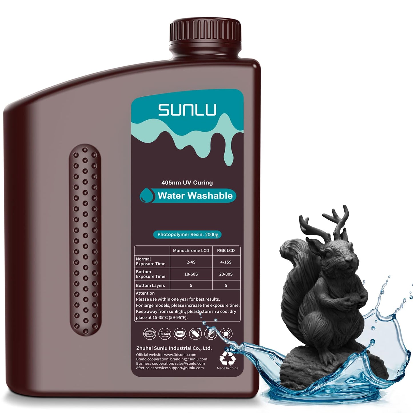 SUNLU Water Washable Resin 2000g, Fast Curing 3D Printer Resin for LCD DLP SLA Resin 3D Printers, 395 to 405nm UV Curing 3D Printing Liquid Photopolymer Resin, Low Shrinkage High Precision, 2kg, Black