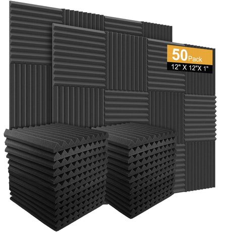 Burdurry 50 Pack Acoustic Panels Soundproof Studio Foam for Walls Sound Absorbing Panels Sound Insulation Wedge for Studio, 1" X 12" X 12" (Black) Burdurry