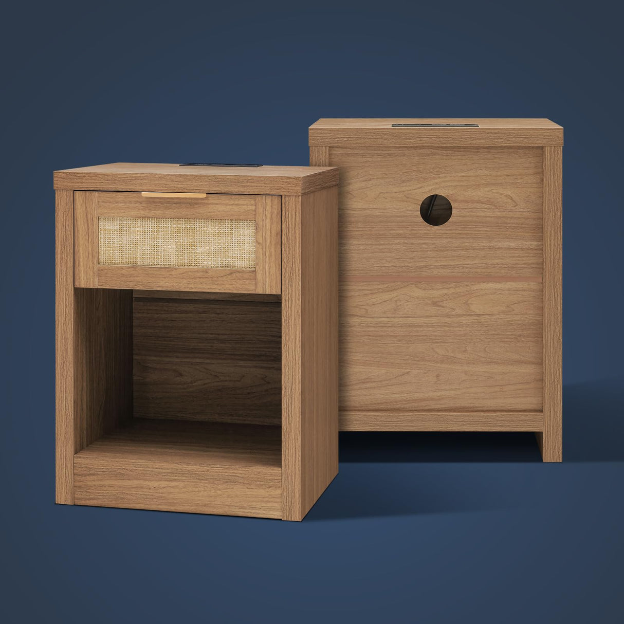 OAKHAM HOME Nightstand Set of 2, Rattan Night Stand with Type-C Charging Station, Bedside Table with Drawer, Boho Bed Side Table End Table Accent Table for Bedroom Living Room (Weathered Oak) OAKHAM HOME