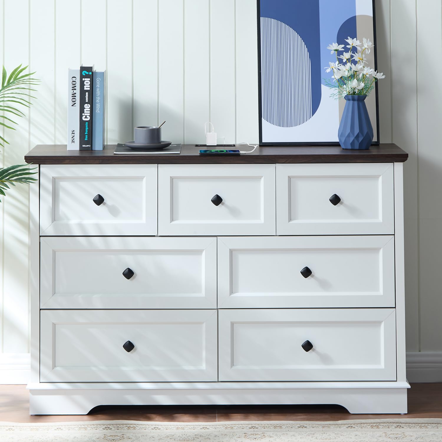 LDTTCUK Dresser for Bedroom with 7 Deep Drawers, Modern Dresser with Charging Station 7 Chest of Drawers, Wood Storage Organizer Dresser, Nursery Dresser for Living Room, Hallway, Solid White - WoodArtSupply