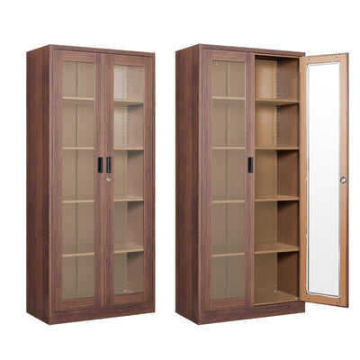 Anxxsu Display Cabinet with Glass Doors, Display Case Cabinet for Collectibles, Curio Display Cabinet with 4 Adjustable Shelves, 71" Glass Display Cabinet for Home Living Room (Wood Color)