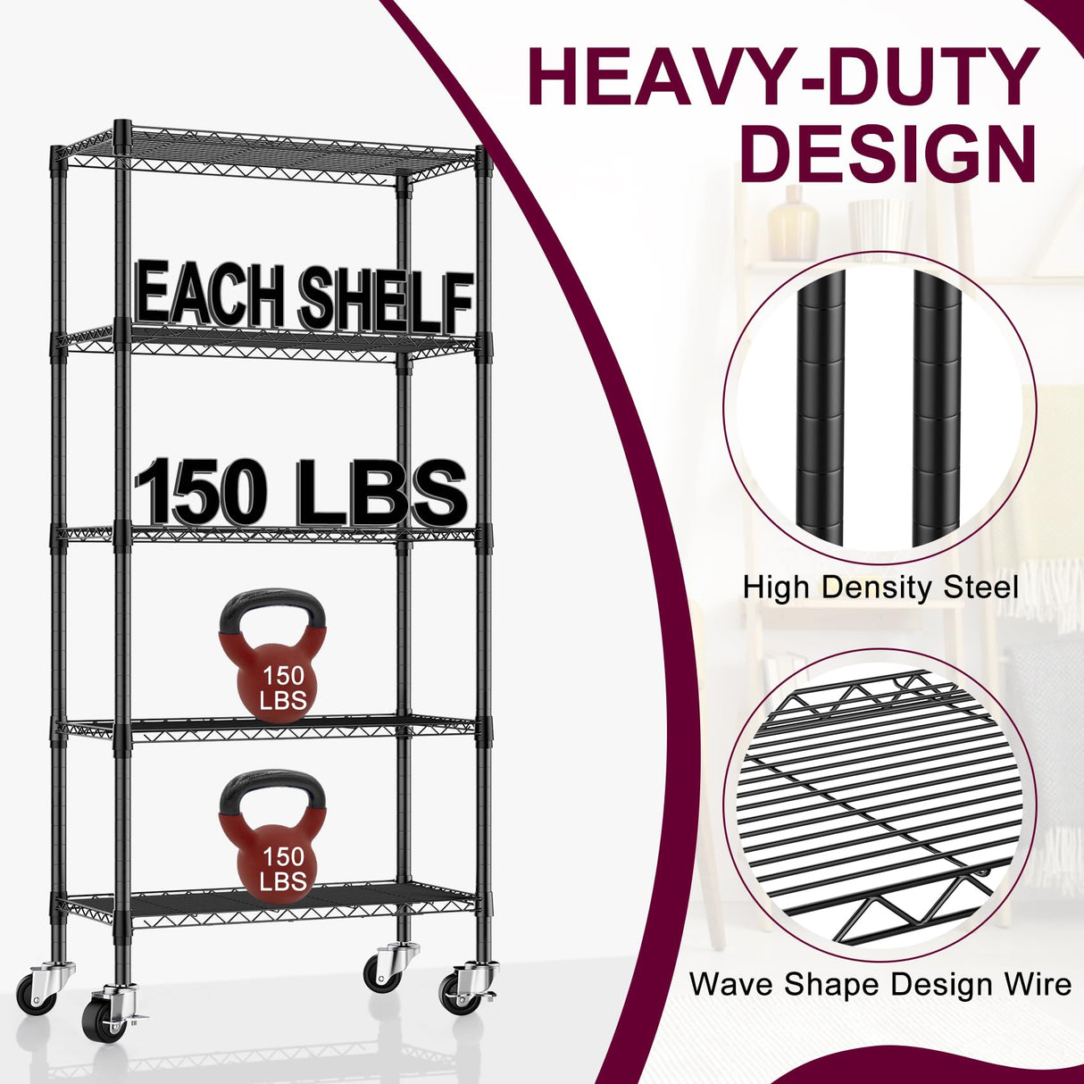 Homtura 5 Tier Wire Shelving with Wheels Casters, 750 lbs Heavy Duty Storage Shelves Metal Shelving, Rolling Adjustable Shelving Unit Wire Rack for Kitchen, Garage, Pantry 14" D x 30" W x 60" H Homtura