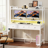 Furologee Computer Desk with 3 Drawers, 47 Inch Home Office Desks with Power Outlet and LED Light, Gaming Desk with Monitor Stand and Hutch, Modern Work/Writing/Study Table for Bedroom, White Furologee