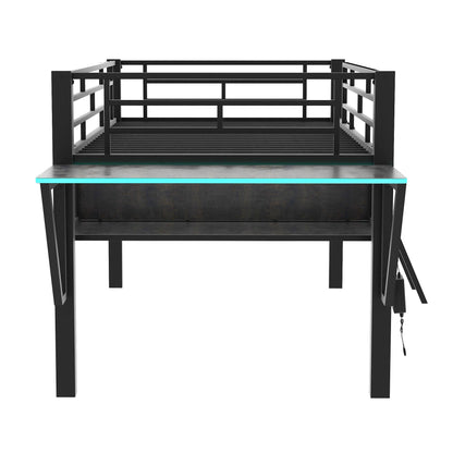 Merax Black Mid Loft Bed with LED Desk for Gaming - Twin Size for Teens & Adults - WoodArtSupply