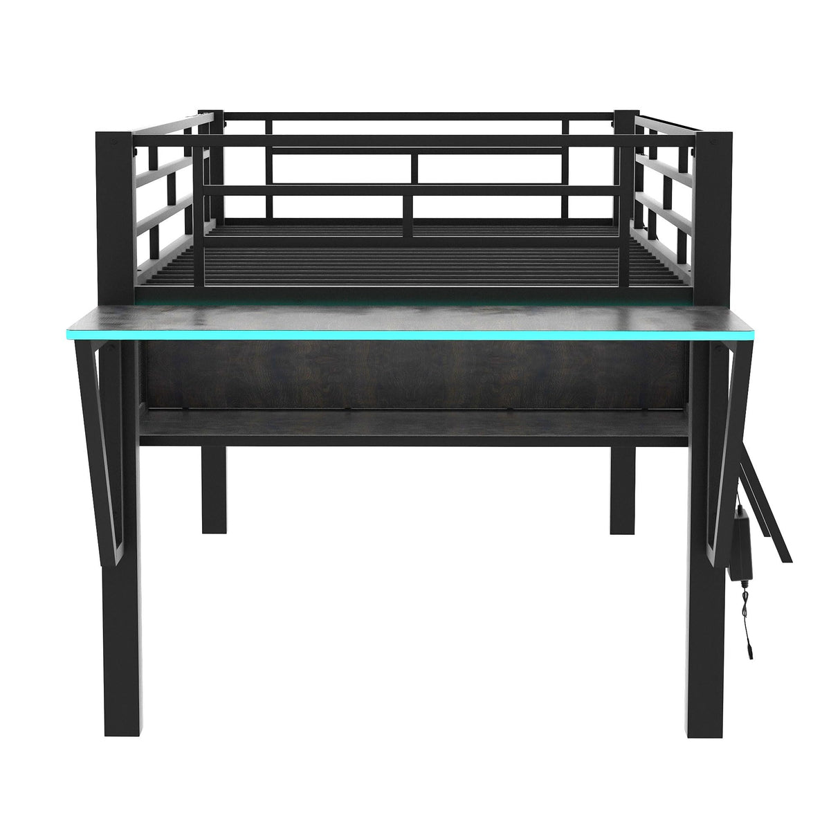 Twin Size Mid Metal Loft Gaming Bed with Desk and LED Lights, Modern Steel Loft Bed Frame with Inclined Ladder and Safety Guardrail for Kids Teens Girls Boys, No Box Spring Needed (Black-08, Twin) HZSSDTKJ