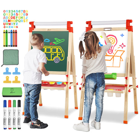 JOYOOSS Kids Wooden Easel with Paper Roll - Adjustable Magnetic Double Sided Drawing Board Whiteboard & Chalkboard Dry Easel Board,Children Art Easel for 3~12 Years Kids Boys Girls Painting Drawing Joyooss