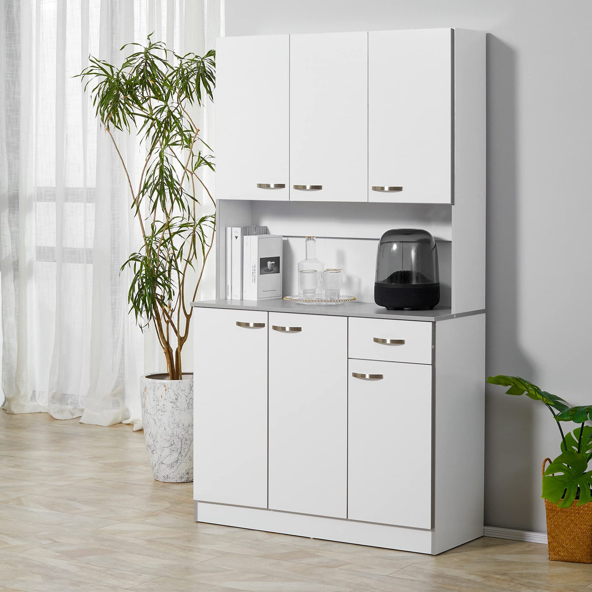 HOMCOM 71" Freestanding Buffet with Hutch, Kitchen Storage Cabinets, Pantry with 6 Doors, 3 Adjustable Shelves, and Drawer for Living Room, White - WoodArtSupply