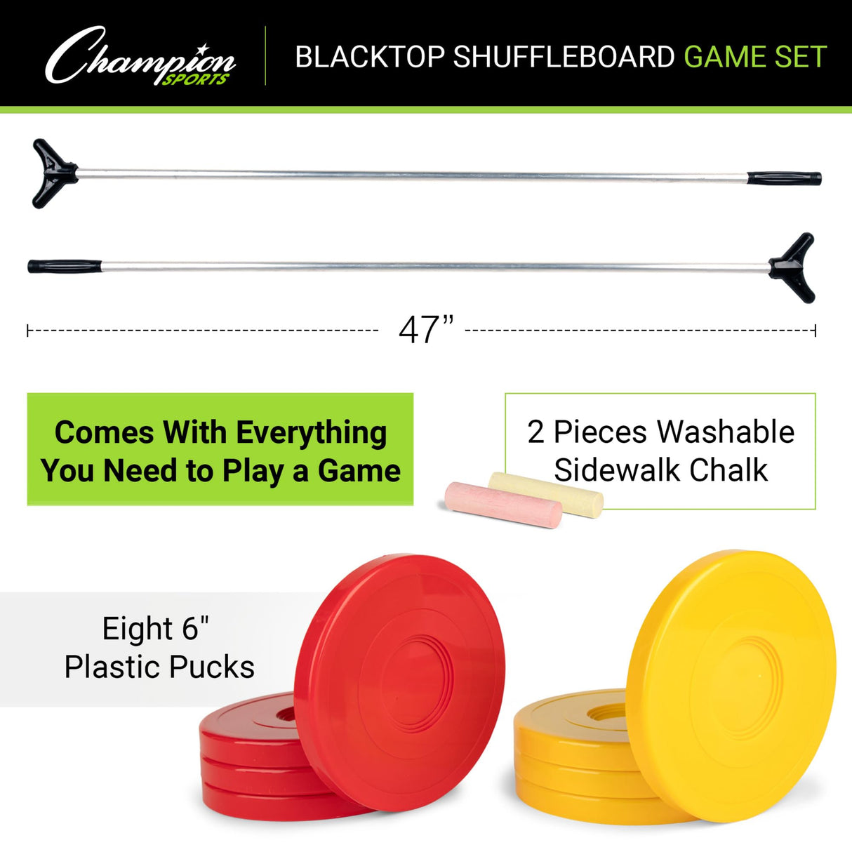 Champion Sports Shuffleboard Game Set, 2 Cues, 8 Pucks, Chalk - Outdoor Games for Adults and Family Red Champion Sports