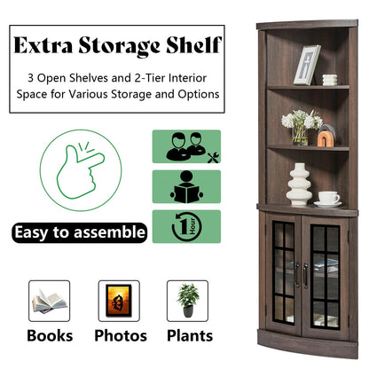 AMERLIFE Curved Corner Storage Cabinet, 65" Tall Freestanding Bookcase with Glass Doors & Adjustable Shelves, 5-Tier Corner Display Cabinet for Living Room, Bathroom, Laundry Room, Espresso - WoodArtSupply