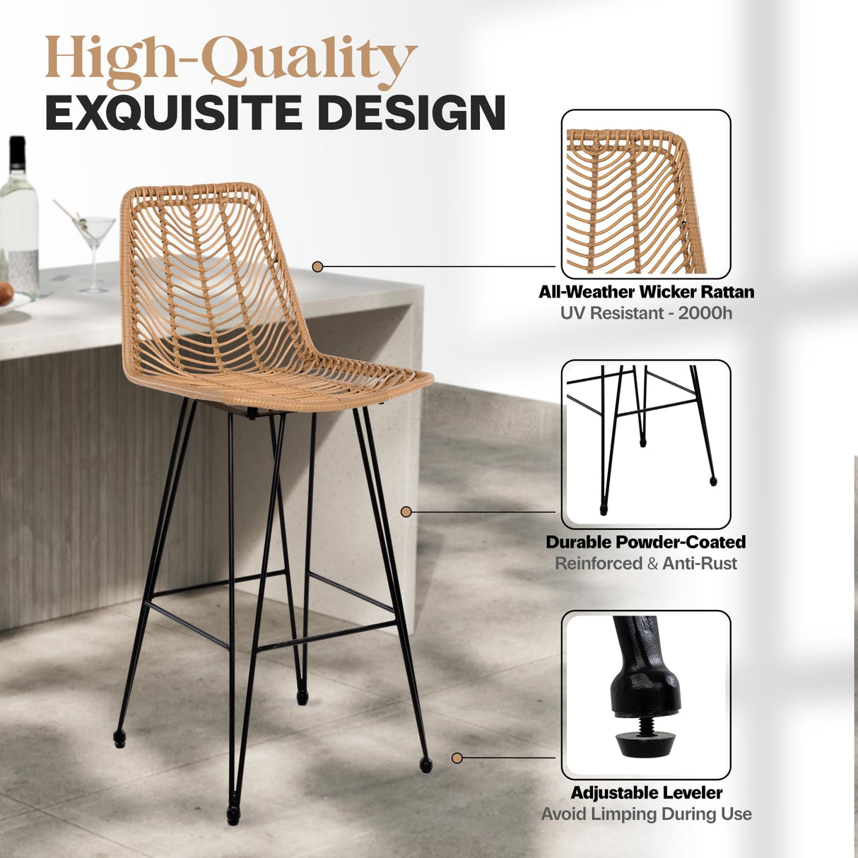 IDZO 400lbs Capacity Rattan Bar Stools Set of 2 Upgraded, 42-Inch Height Outdoor Bar Stools with Comfort Cushion, Solid Steel Frame & Durable Power Coating, Easy Assembly IDZO