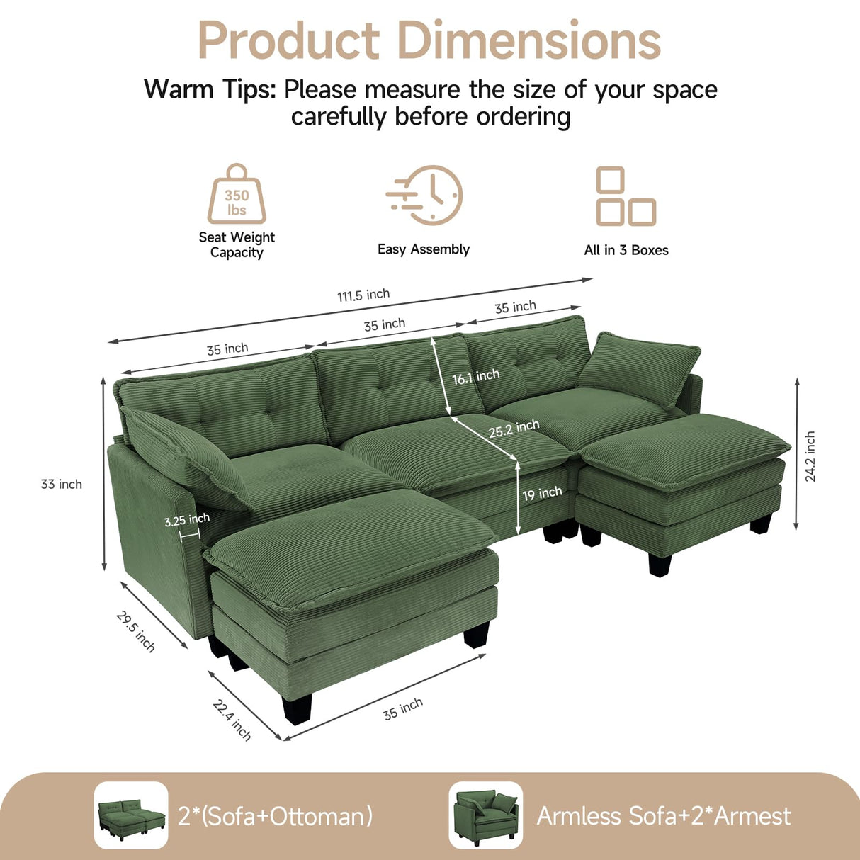 Amsleekey Modular Sectional Sofa, 111.5" U-Shaped Corduroy Comfy Sectional Couches for Living Room, 3-Seater Cloud Couches with 2 Movable Ottomans, Flexible Combination Modern Deep Seat Sofa (Green) Amsleekey