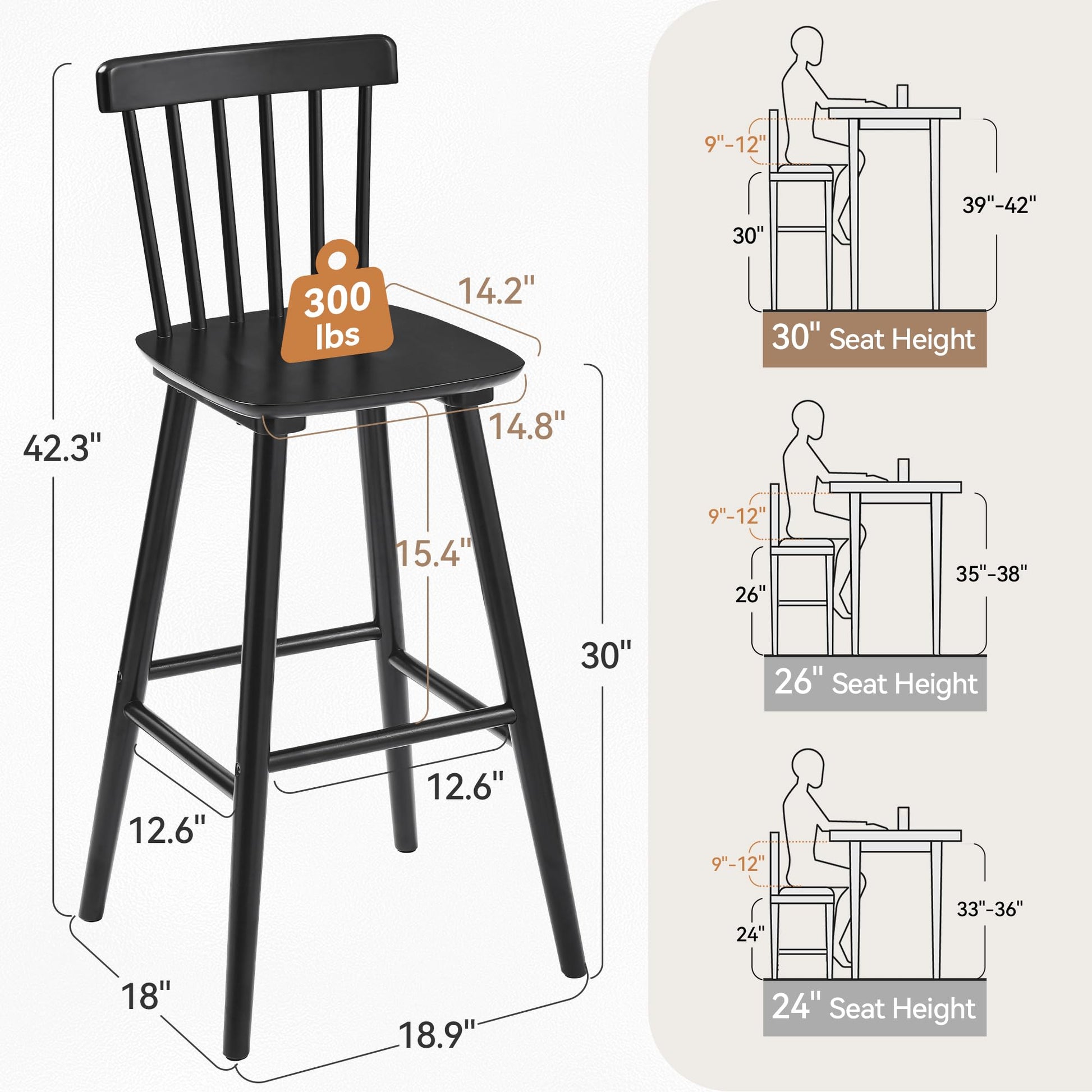 LUE BONA Windsor Wooden Barstools Set of 4 for Kitchen Island, Farmhouse 30 Inch Bar Height Stools Chairs with Spindle Back for Bar Bistro, Black - WoodArtSupply