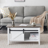 VINGLI White Oak Lift Top Coffee Table, 36" Small Farmhouse Barn Door Coffee Table with Storage, Rectangular Center Wood Coffe Table with Lifting Top,Lift Up Living Room Tables with Hidden Compartment VINGLI