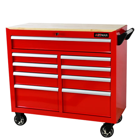 WTRAVEL Heavy Duty Rolling Tool Chest with 9-Drawer Wood Top Tool Cart Mechanic Tool Box with Wheels Tool Storage Cabinet Workbench High Capacity for Garage, Workshop, Repair Shop, Warehouse (Red) WTRAVEL