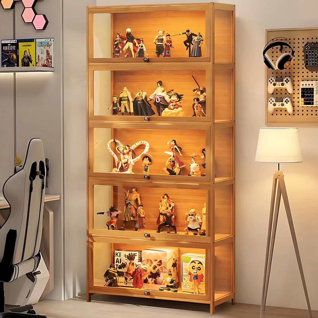 ouioyggk Curio Display Cabinet, 5-Tier Storage Shelves with Acrylic Glass Door, Collectibles Toy Organizers Rack & Display Shelf, Kids Bookshelf and Bookcase for Playroom, Bedroom ouioyggk