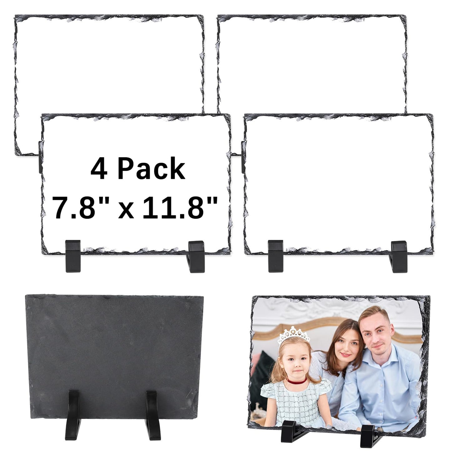 ORJ 4 PCS Sublimation Slate Blanks Custom Stone Slate Picture Frame Heat Transfer Rock Photo Plaque 7.8x11.8 in with Display Stand Decoration for Desktop Souvenir DIY Personalized Gift -Rectangle